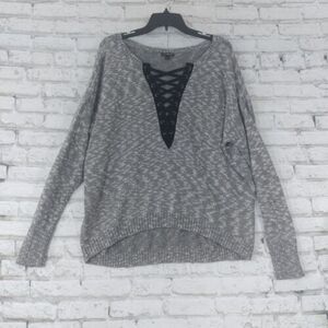 Express Womens Sweater Large Gray White Marled Knit Lace Up V Neck Long Sleeve